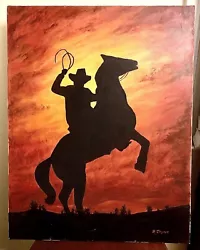 Buy Beautiful Cowboy Silhouette Sunset Original Oil Painting On Canvas By B. Joyner • 170.10£