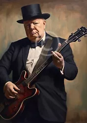 Buy Winston Churchill Guitar Playing Oil Painting Unframed A4 Print  • 3.99£
