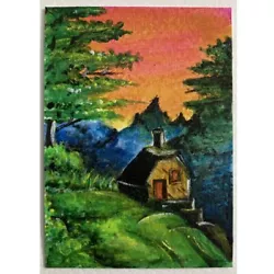 Buy ACEO ORIGINAL PAINTING Mini Art Card Beautiful Nature House Trees Mountain Ooak • 8.25£