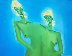 Buy Surrealism Conjoined Twins ￼Oil Painting, Green And Blue A5 • 15£