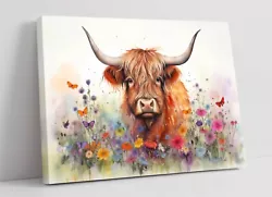 Buy Watercolour Highland Cow & Wildflowers 1 -deep Framed Canvas Wall Art Print • 39.99£