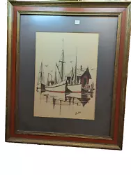 Buy Vintage  Drawing Of Fishing Sail Boats At Dock Loden Framed 23x20 In • 28.93£