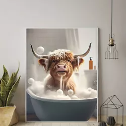 Buy 1pc Cute Highland Cow Bath Picture Canvas Print,Bubble Bath, 30x20cm • 7£