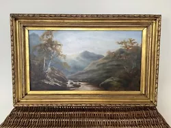 Buy Antique Oil Painting Landscape In Gesso Gold Frame Of Mountains & River • 95£