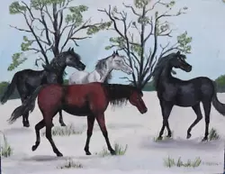 Buy Modern Art By Elizabeth Warner - Wild Horses In A Winter Landscape • 9.95£