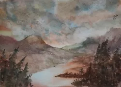 Buy ACEO Original Painting Landscape Art Hills Mountains Lakes Dusk Watercolour • 6£
