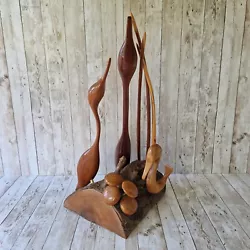 Buy Vintage Mid-century MCM Wooden Sculpture Hand Carved Heron / Crane & Mushrooms • 64.99£