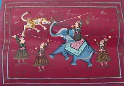 Buy Vintage Indian Water Color Hand Made Painting Of Tiger Hunting With Elephant • 43.14£