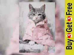 Buy Cozy Comfort: Grey And White Cat In Pink Blanket Oil Painting Print 5 X7  • 4.49£