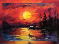 Buy Lakeside Serenity - Sunset Lake Impasto Oil Painting Print, Wall Art 5 X7  • 4.49£