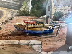 Buy Original Watercolour By Lola Cumming (?) Lakeside Fishing Village Boats - Framed • 140.30£