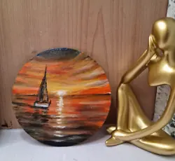 Buy Original Sunset Seascape, Hand Painted Round Wooden Board 10 Cm • 9.77£