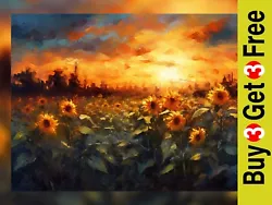 Buy Sunset Blaze Sunflower Field Oil Painting Print - Vibrant Wall Art 5  X 7  • 4.49£