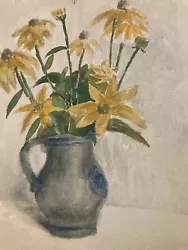 Buy Beautiful Drawing Watercolour Paper Flowers Bouquet Yellow Pot 1952 Hage Old Art • 52.31£