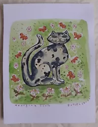Buy Art Original Watercolour Painting Cat With Butterflies Signed Georgina Scott • 8£