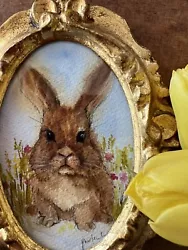 Buy Original Painting Rabbit Watercolor Picture Vintage Wooden Frame Country House Antique Cottagecore • 25.74£