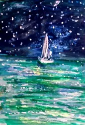 Buy ACEO Original Painting Night SAILBOAT Ocean Sea Boat Seascape Moon Waves ATC ART • 10.08£