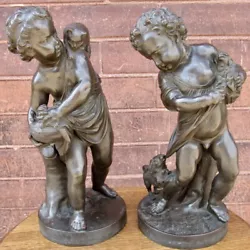 Buy Pair Early French Antique Bronze Children With A Cat Birds And  Dogs Ex. Cond. • 885.66£