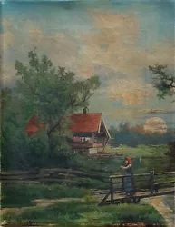 Buy Antique 1911 Signed Oil Painting Hans Nowack, Woman On A Bridge,  26.2 X 20.4 Cm • 374.95£