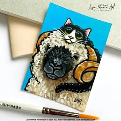 Buy Original ACEO Painting Tuxedo Cat And Woolly Sheep Art By Lisa Marie Robinson • 8£