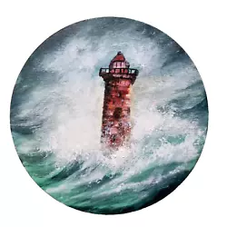 Buy Original Ocean On Round Wooden Board, Lighthous Painting, Home Decor On 15 Cm • 25.77£
