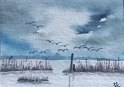Buy ACEO Original Watercolour Painting. Flight Over Morston, Geese, Norfolk. • 0.99£