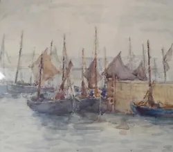 Buy English School C.1900 Watercolour Fishing Boats In Harbour Framed & Signed • 60£