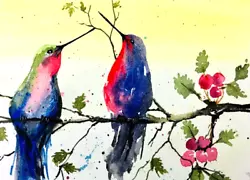 Buy ACEO Original Painting Humming Birds Art Card Watercolor Color Miniature • 8.16£