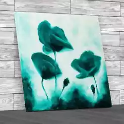 Buy Poppies Painting Square Teal Canvas Print Large Picture Wall Art • 39.95£