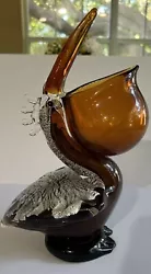 Buy Dynasty Hand Blown Brown Honey Amber Glass Pelican •Silver Foiling Bowl Bill 11  • 57.88£