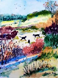 Buy Original Watercolour Painting:  Cats Enjoying The Autumn Countryside • 12£