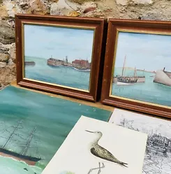 Buy Oil Painting Antique Scottish Harbour Scene  • 80£