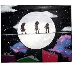 Buy Kids In Space Moon Art Painting Original Hand Painted Acrylic 16x20 On Canvas • 448.87£