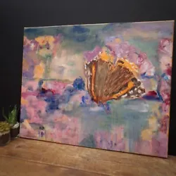 Buy Original Painting On Canvas Butterfly Wall Art Flowers Signed Pink Blue Used 19  • 40£