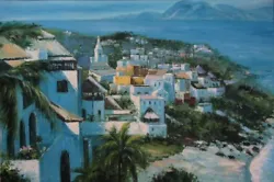Buy Oil Painting On Canvas, Mediterranean Village, Seascape, Church, Palm Trees • 132.15£