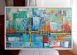 Buy ORIGINAL Abstract Seascape Painting - Boats Water Sky - Framed Canvas 36  X 22  • 275£