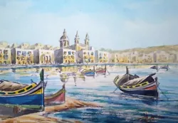 Buy Framed Original Maltese Watercolour By  Charles Palmier Valletta Malta Boats • 39.99£