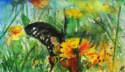 Buy Original Art, Butterfly On Yellow Flowers Watercolours Painting By AF • 9.50£