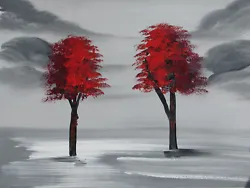 Buy Minimal Red Black White Trees Tree Small Oil Painting Canvas Original Modern Art • 15.95£