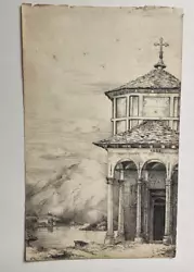Buy Antique INK Drawing Of A TEMPLE Near A Lake & Mountains • 7.99£