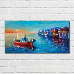 Buy Glass Print 100x50 Painting Ocean Sea Boat Sky Sunset Wall Art Home Decor  • 89.99£
