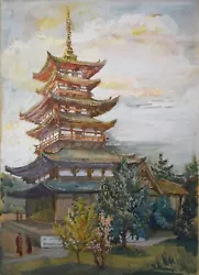 Buy Ferenc Imrey Original Gouache/Mixed Media-Pagoda & Cherry Blossoms, Kyoto, Japan • 377.95£