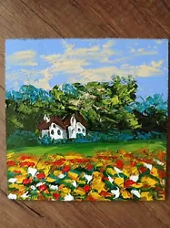 Buy Original Painting Landscape Oil House Flowers Wall Art Sky Clouds Size 6 X 6 In • 27.58£