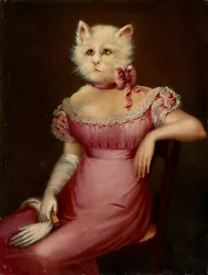 Buy 19th Century French Singerie Portrait Oil Painting Of A Woman With Cat Head • 3,228.73£