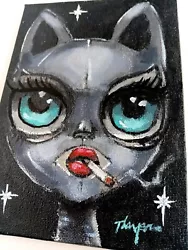 Buy Original Cat Girl Painting Thayer Art OOAK Retro Big Eyes Canvas MCM Not A Print • 24.86£