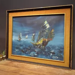 Buy Vintage Framed Hong Kong Oil Painting Canvas Signed Large Mid Century Junk Ships • 90£