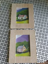 Buy Pair Framed Paintings House Scene 5 X 7 Inch Cream Frames Purple Green • 13.50£