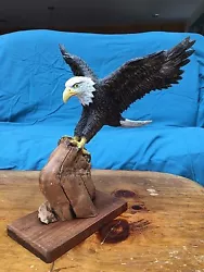 Buy Hand Carved Bass Wood Eagle With Wood Burned Feather Perched Atop Cyprus Branch  • 1,889.99£