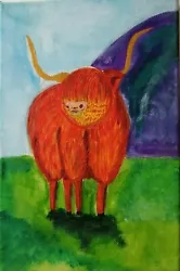 Buy Original Acrylic Canvas Signed Highland Cow Coo Farm Country Painting 20x20cm • 42£