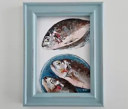 Buy Original Oil Painting Still Life Artwork Fish Sea Bream Food Kitchen Art Framed • 50£